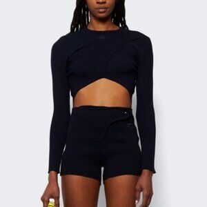 COURREGES Logo Rib Knit Criss Cross Long Sleeve Sweater Top Black 3 / Large